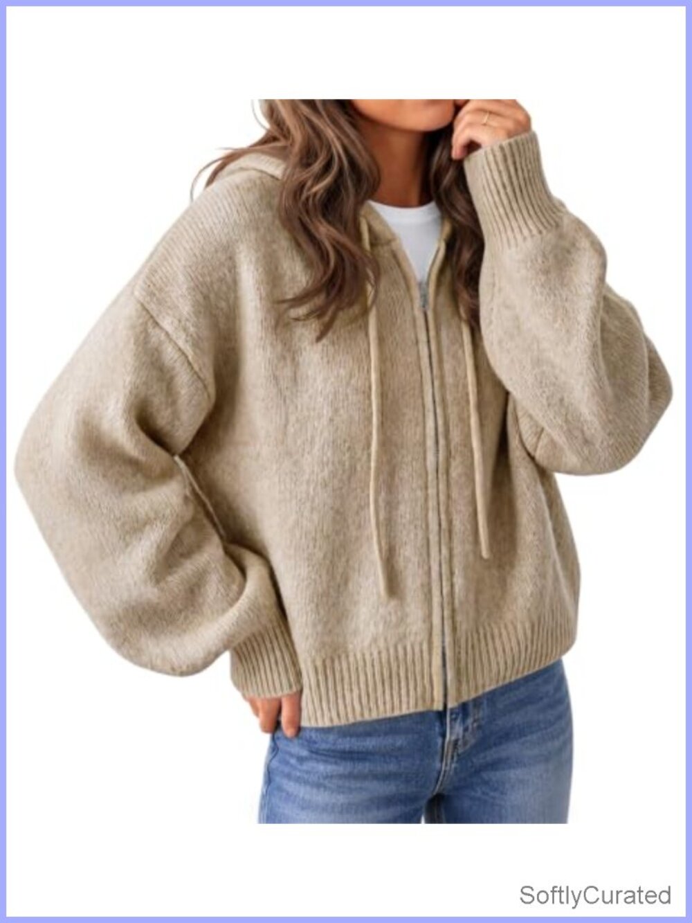 Women's Zip Up Hooded Cardigan Sweater Knit Jacket Outerwear Loose Fit